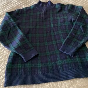 Janie and Jack boys evergreen with navy blue plaid cotton mock quarter zip